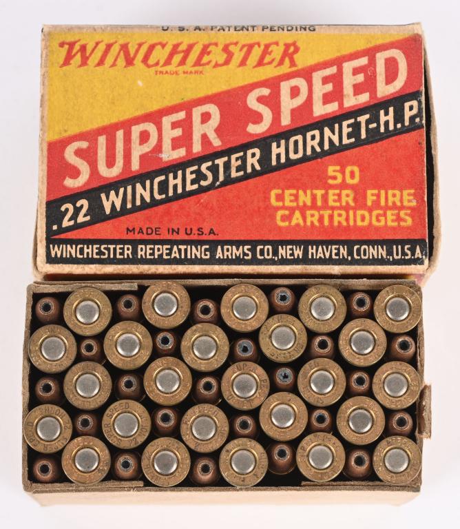 WINCHESTER .22 HORNET HOLLOW POINT FULL AMMO BOX: Winchester Super Speed .22 Hornet Hollow Point. 1 piece full ammo box. There is 50 rounds in box. Excellent