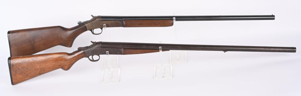 LOT (2) SINGLE BARREL SHOTGUNS: A. IDEAL / CS Shattuck 12 GA. Round knob walnut stock very shy at tang with installed Stevens 4-tenner barrel insert. Good. B. H&R TOPPER. M48. 16 GA. 90BLUE & CASE COLORS. Excellent 95% blue with fad