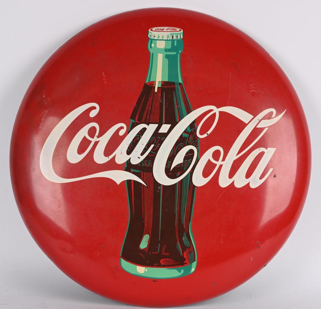 TIN "COCA COLA BOTTLE" BUTTON SIGN (1 of 2)