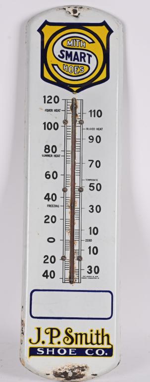 SMITH SMART SHOES PORCELAIN THERMOMETER: Smith Smart Shoes porcelain Thermometer. Nice colors. Minor loss near mount holes. 27" Excellent