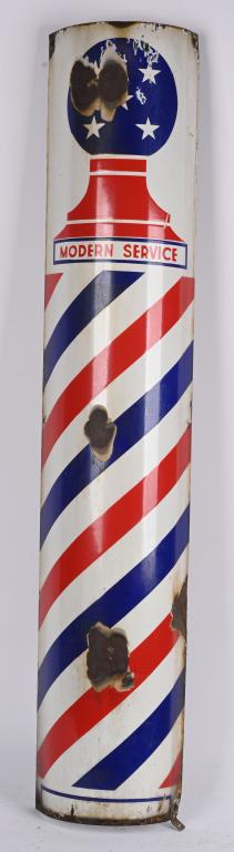 RED WHITE & BLUE BARBER POLE PORCELAIN SIGN (1 of 3)