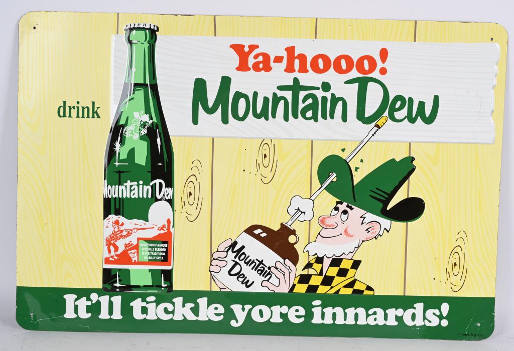 YA-HOOO MOUNTAIN DEW EMBOSSED TIN SIGN: Great colors and graphics. Embossed tin. marked Phoenix Sign Co along bottom. 30"x20" Excellent