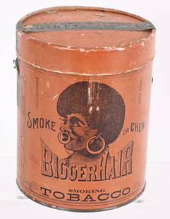 BIGGER HAIR TOBACCO TIN: RARE Bigger Hair Tobacco Tin. Great Fuji Islander graphics. Paper and tin container. Has Tax Stamp. 6 1/2" Excellent