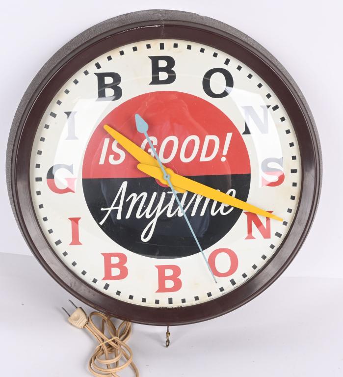 GIBBONS ADVERTISING CLOCKS: Gibbons Advertising Clock. All original and works. 13" Excellent