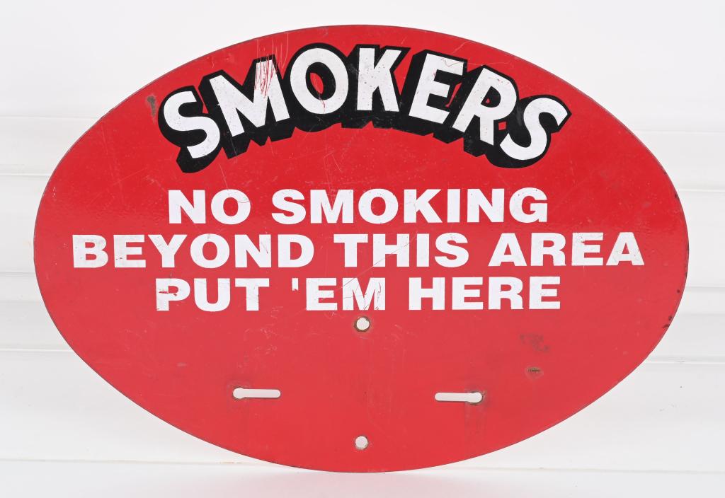 SMOKERS "NO SMOKING" TIN SIGN: All original sign that would hold ash tray. 13 1/2" Excellent