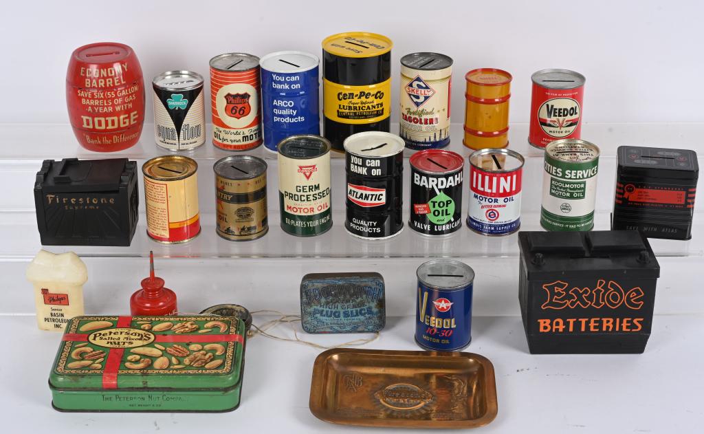 HUGE LOT OF OIL CAN BANKS, TINS & MORE (1 of 6)