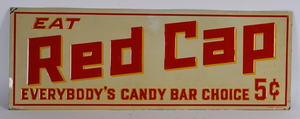 RED CAP CANDY EMBOSSED TIN SIGN (1 of 2)
