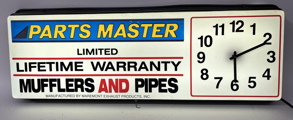 PARTS MASTER MUFFLERS LIGHTUP CLOCK: All original and working. 37"x13" Excellent
