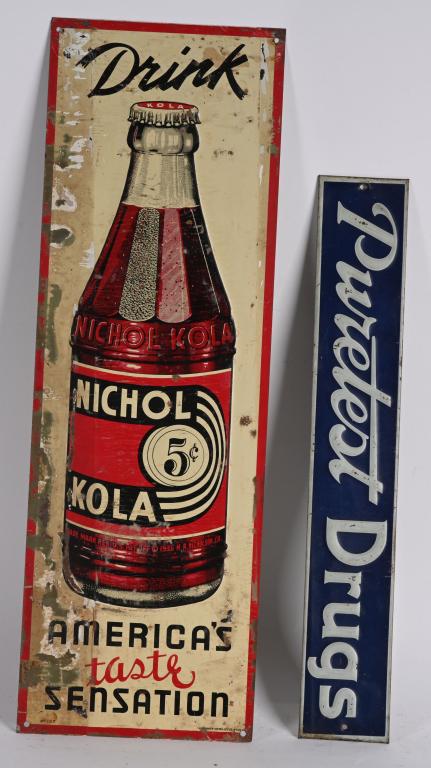 NICHOL KOLA & PURTEST DRUGS TIN SIGNS: Nichol Kola and Puretest Drugs tin Sign. With some wear. Largest 24"x8" Very Good