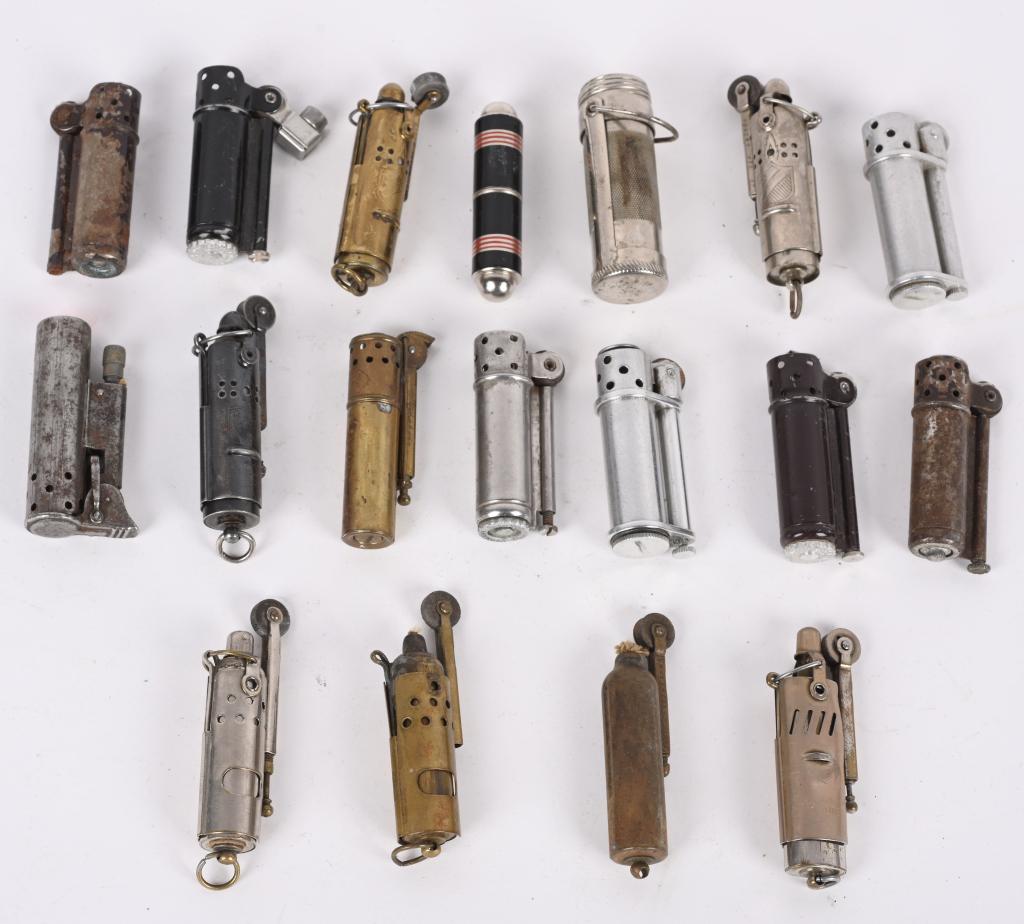 16- TRENCH CIGARETTE LIGHTERS, BOWERS & MORE: Lot includes several Bowers and other makers. Also included is a match safe and tube lighter. Condition varies. AS IS