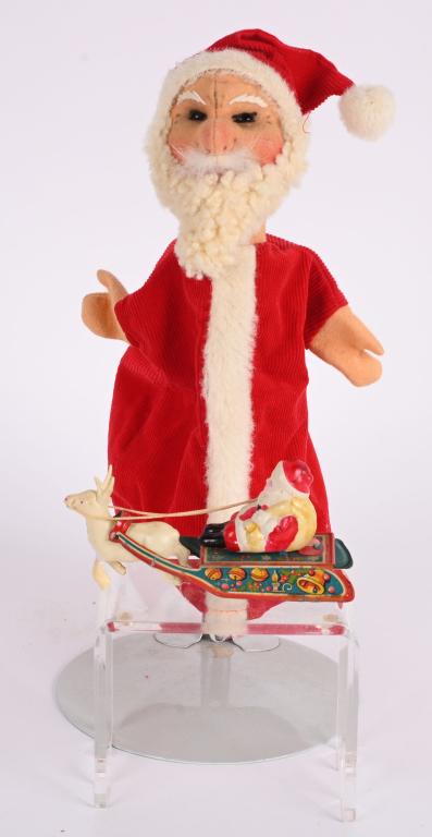 STEIFF SANTA CLAUS PUPPET & JAPAN FRICTION SLEIGH: Lot includes Steiff Santa Claus Puppet and Japan tin & friction Santa Claus Sleigh. Both in great condition. 11" Excellent