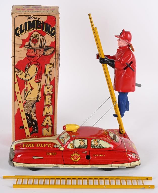 MARX TIN WINDUP FIRE CHIEF CAR & CLIMBING FIREMAN (1 of 9)