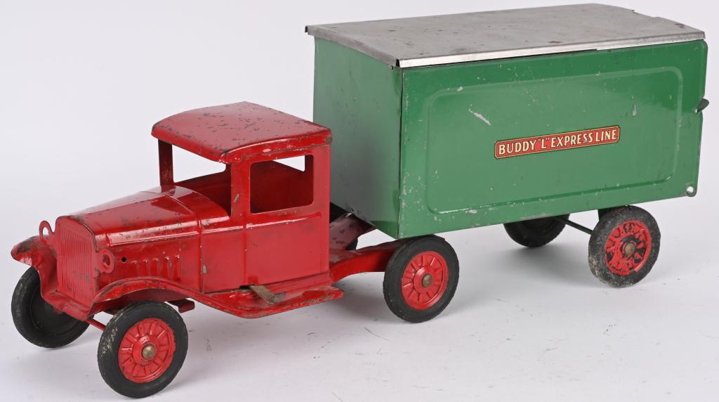 BUDDY L EXPRESS LINE SEMI TRUCK: Very nice early all original Buddy L Express Line Truck. All original paint with good decals. Truck has electric headlights. Has replaced removable top on trailer. Great looking early Buddy L. 23" Ver