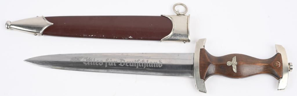 WWII NAZI GERMAN SA M33 DAGGER GROUND Röhm WW2: Early, (Circa 1933-1934), nice quality dagger features a roughly, 8 3/4", (22.3 cm), long, double edged, nickel/silver plated, drop forged steel construction blade with a low central ridge and a full