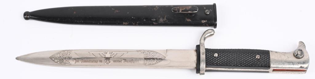 WWII NAZI GERMAN SINGLE ENGRAVED BAYONET KREBS: Roughly a 7 3/4 inch long nickel/silver plated drop forged steel construction blade with deep narrow fullers to each side a top edge swedge to the forward tip and an acid etched design to the obverse.