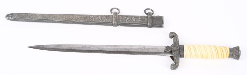 WWII NAZI GERMAN ARMY OFFICER DAGGER BY WKC WW2: The dagger features a roughly, 26cm long drop forged steel construction nickel/silver plated stiletto style blade with a flat central ridge. Blade shows typical scabbard runner marks. Reverse ricasso