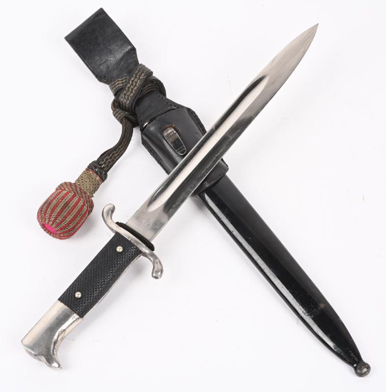 WWII NAZI GERMAN FIRE POLICE BAYONET & TRODDEL WW2: Drop forged 10 inch long, bright nickel/silver plated steel blade with wide fuller to each side. Maker marker to Krieghoff. Brown leather washer is intact. Hilt consists of nickel/silver plated steel
