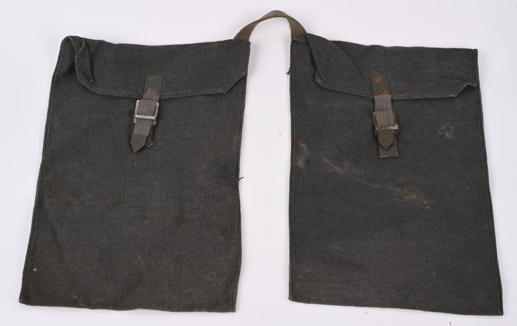 WWII NAZI LUFWAFFE RIFLE GRENADE CARRYING BAGS WW2: Transport bag for K98 rifle grenades, made of resistant canvas, connected by a strap, metal fittings manufactured by LUX, on the flap manufacturer's markings bdq 1942 (Ehrhardt und Kirsten Leipzig) Ex