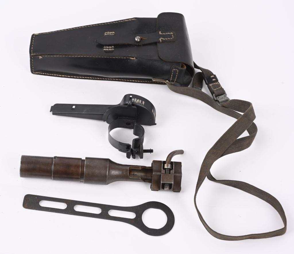 WWII NAZI GRENADE LAUNCHER ASSEMBLY FOR 98K MAUSER: This two piece cast metal 98K grenade launcher has a rear piece that clamps around the muzzle and is marked "G. Gr. Ger. / dwc" over an eagle/WaA188 proof. The threaded rifled barrel end where grenade