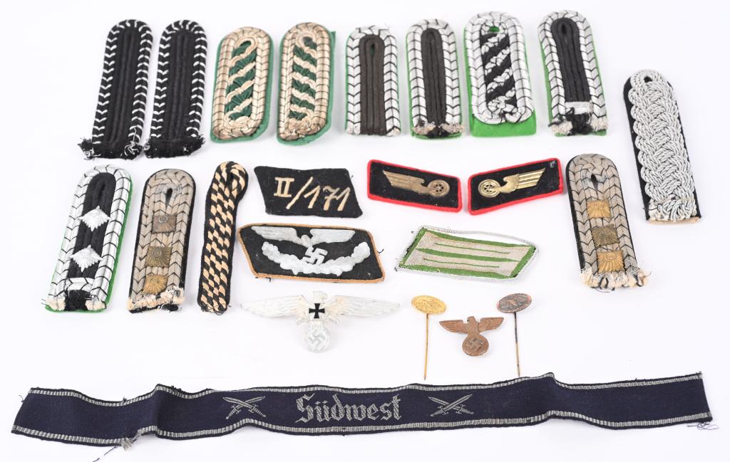 WWII NAZI GERMAN INSIGNIA LOT SA NSKK RAILWAY PO: WWII Nazi German Political insignia lot to include 1) POLIZEI UNTERWACHTMEISTER'S SHOULDER BOARDS. Second pattern, (circa 1936-1945), sew on shoulder boards as introduced along with new unif