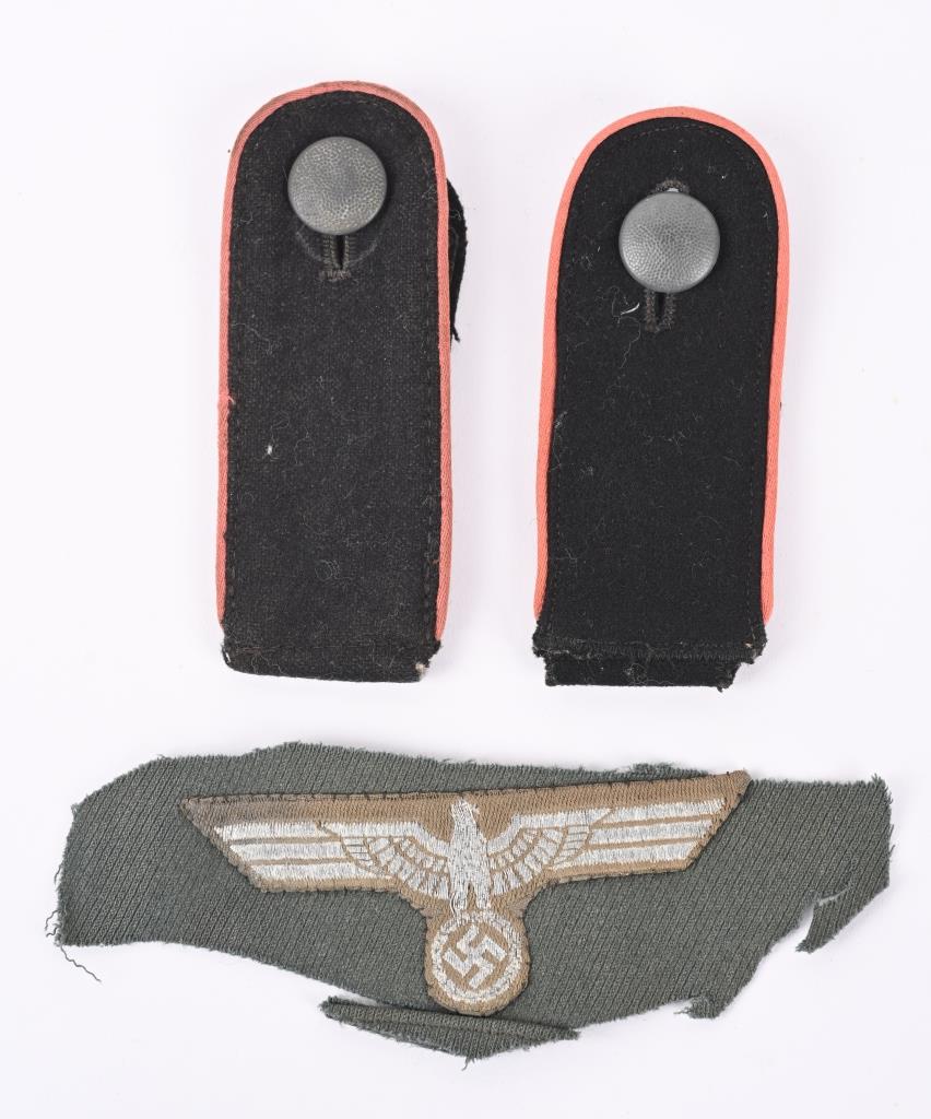 WWII NAZI GERMAN WAFFEN SS HEER INSIGNIA GROUP WW2: WWII Nazi German insignia lot to include 1) WAFFEN-SS PANZER EM'S SHOULDER STRAP. Single strap having a black wool body with bright pink waffenfarbe piping indicating Panzer personal. 2) 1) WAFFEN-SS 