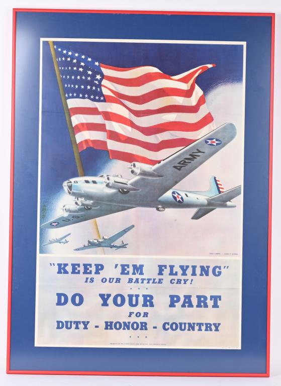 WWII US ARMY KEEP EM FLYING POSTER W B-17 WW2: World War II (U.S. Government Printing Office, 1942). Propaganda Poster (25" X 38"). "Keep 'Em Flying." War.Beautiful vintage morale propaganda poster with B-17-E's flying beneath a giant waving US fl
