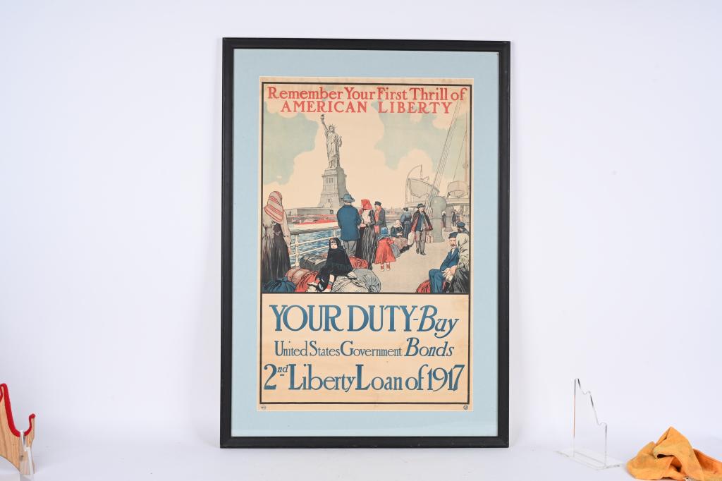 WW1 US 2ND STATUE OF LIBERTY LOAN POSTER 1917 WWI: World War I, 2nd Liberty Loan (US Govt., 1917). 2nd Liberty Loan Poster, (20" X 30") "Remember Your First Thrill of American Liberty." War. A poignant scene on this vintage lithograph showing immigran