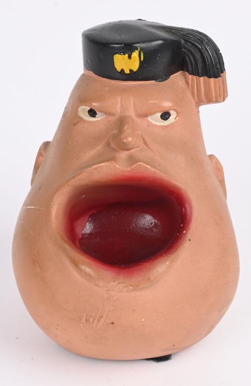 WWII ANTI AXIS MUSSOLINI PROPAGANDA ASHTRAY WW2: PIN IT ON HITLER PIN CUSHION LOT OF 2. War-time anti-Hitler souvenir, a comical set of painted cast plaster figures of Hitler showing him bent-over with his cloth-covered rear end serving as a pin cus