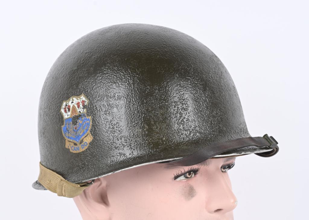 WWII 81ST DIVISION PAINTED FIXED BAIL HELMET WW2: WWII US Army fixed bail helmet unit painted to the 15th Infantry Regiment. This is a front seam helmet that retains about 85% of the original green finish. The liner is made by Mine Safety A