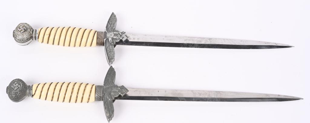 WWII NAZI GERMAN LUFTWAFFE DAGGER LOT EARLY TANG: WWII Nazi German Luftwaffe Dagger lot to include1) SECOND PATTERN OFFICER'S DAGGER WITH TAPERED TANG. Roughly, 29cm long, bright, nickel/silver plated, double edged, drop forged steel, stile