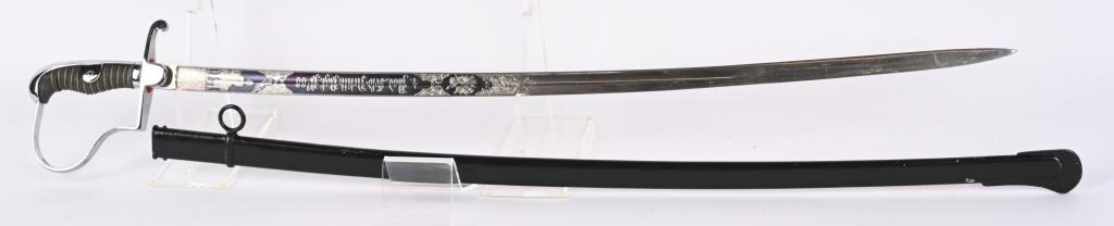 WWI IMPERIAL GERMAN ENGRAVED OFFICERS SWORD WW1: Dovehead style Imperial German Officer's sword with wire wrapped grip, repainted black scabbard. Made by WKC. Blade measures approximately 32" and is engraved with beautiful blue pannels wi