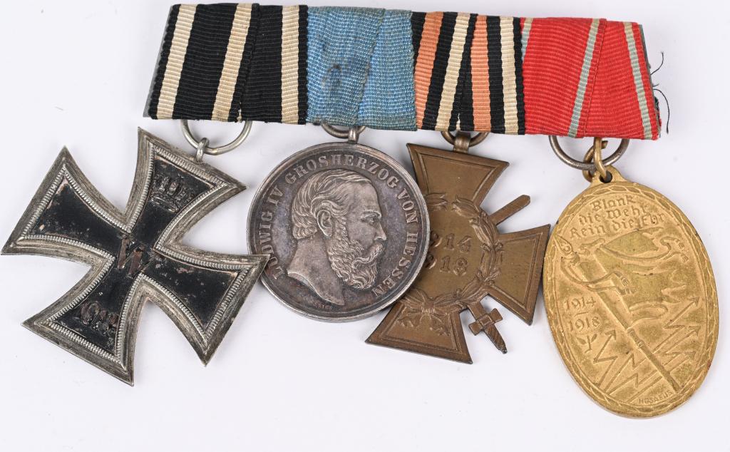 WWI IMPERIAL GERMAN 4 PLACE MEDAL BAR EKII HESSE: Imperial German 4 placement medal bar to include 1) 1914 Iron Cross 2nd Class 2) Heese General Honor Decoration 3) 1914-18 Cross of Honor w/swords 4) Kyffhauser Veterans Association 1914 1918 Decorati