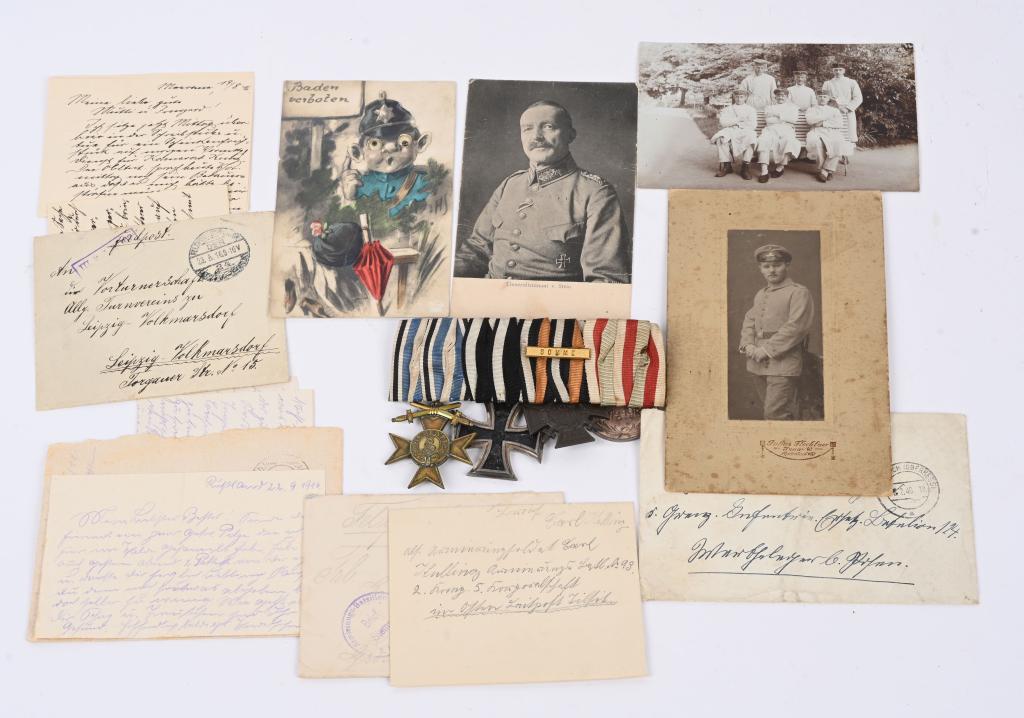 WWI IMPERIAL GERMAN MEDAL BAR W LETTERS & PHOTOS: WWI Imperial German Medal Bar lot including correspondence and photos. The lot has 6 letters with envelopes and 4 photo postcards. As much as I can make out he was a Trench Builder named Carl Kelling 