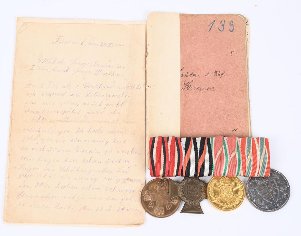 WWI IMPERIAL GERMAN MEDIC MEDAL BAR GROUP W ID: WWI Imperial German Medal Bar lot including correspondence and Soldbuch. The lot has 3 letters with his Soldbuch all named to a medic named Harry Krause. Also in the grouping is his 4 place medal bar 