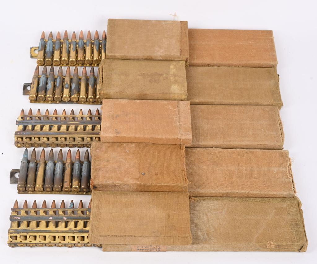 WWII JAPANESE 30 ROUND STRIP AMMUNITION LOT BOXED: Five unissued cased 7.7mm ammo clips with each having 30 rounds for a total of 150 rounds lot intended to be used with the Type 92 heavy machine gun used by Japanese Army and Naval forces during World