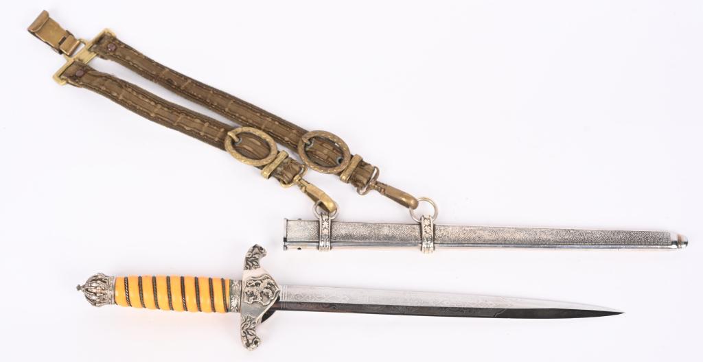 ROYAL BULGARIAN M1936 ARMY OFFICER DAGGER W HANGER: A Royal Bulgarian Army Officer's Dress Dagger - Measuring 16 1/2 inches in total length, this dagger features a 10 inch finely-detailed engraved plated blade, magnetic, with unshar