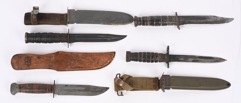 WWII US ARMY FIGHTING KNIFE LOT KABAR M4 PAL 36: Lot of four WWII US Fighting Knives lot to include 1) WWII USM4 BAYONET BY UTICA FOR M1 CARBINE. Nice M1 Carbine Bayonet with leather handle. Crossguard is marked USM4 UTICA. Scabbard marked