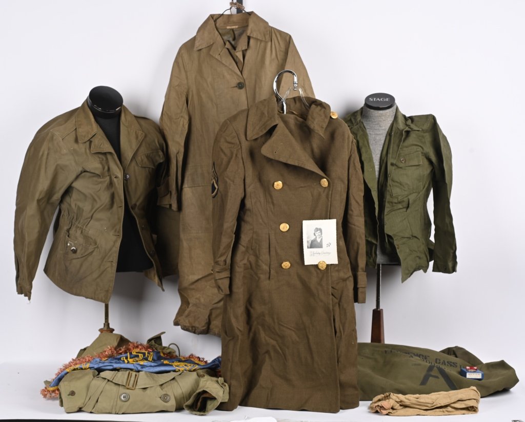 WWII US ARMY WAC HBT AND SERVICE COATS LOT NAMED: The next few lots of WWII US Army WAC items belonged to Sargent Florence Cassidy A-508430. This lot has 2 HBT Herringbone Twill Service shirts, 1 pair of Slacks size small in near mint condition, 2 na