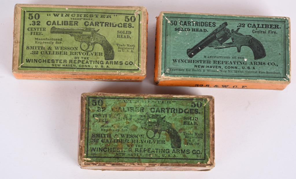 THREE VINTAGE .32 S&W PICTURE BOXES: All made by Winchester, all 2-pc. Two boxes are full and one is about half full. All boxes and labels excellent