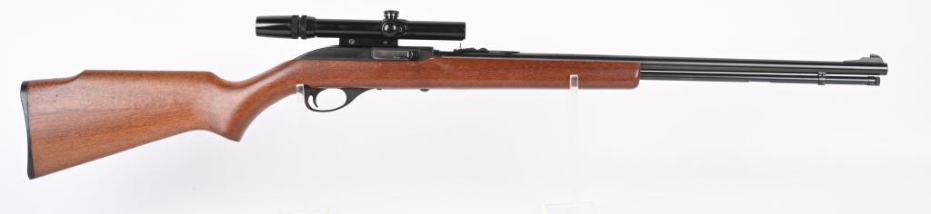 MARLIN MODEL 60 SEMI AUTO .22 RIFLE: SERIAL 18446637. BARREL 22". CALIBER 22 LONG RIFLE. Classic Model 60, tube fed, blue finish, plain pistol grip hardwood stock, sporting sights with a Bushnell 3-7 scope. Condition. Minor handling mark