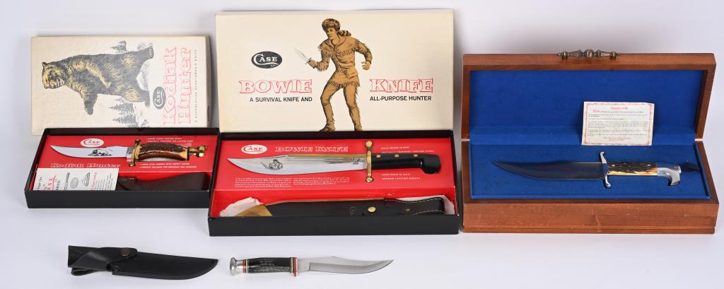 CASE XX 4 KNIFE COLLECTORS LOT: Collectors lot includes, 1976 Bicentennial 523-7 ss Double - Eagle Hunting Knife with case and scabbard, Case XX Kodiak Hunter with box scabbard and papers, Case XX 1836 Brass Backed classic Bowie wit