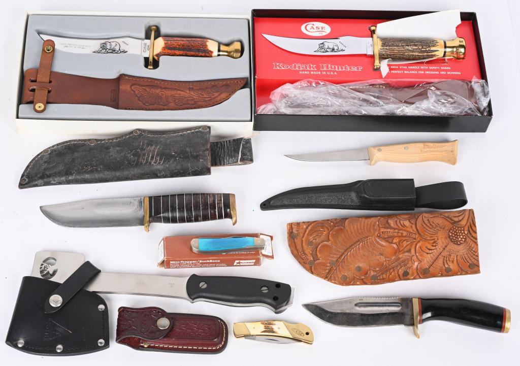 LOT OF 8 SPORTING KNIVES: Lot consist of White box Case XX Kodiak hunter with scabbard, BUCK Camp axe with scabbard, KABAR fish Filet knife with waterproof sheath, Case XX Model 05105 l with stag handles and sheath, Broad blad