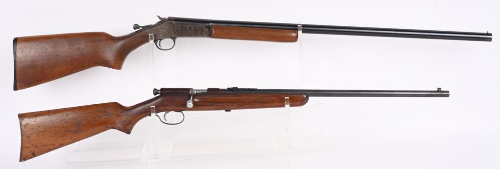LOT OF 2: H&R TOPPER AND SPRINGFIELD 52-B: SERIAL NUMBER: A. J56338. B. NSN. BARREL: A. 30". B. 22". CALIBER: A. 12 Gauge. B. .22 S L LR. MANUFACTURED: 1980's. B. 1950's. A. Harrington & Richardson M48 Topper single shot shotgun. Bead front si