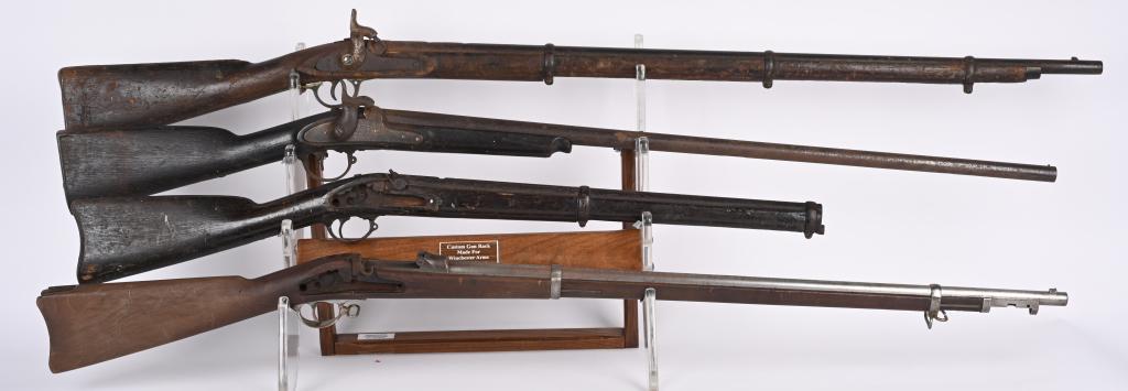 4- ANTIQUE MILITARY RIFLES and MUSKETS: Lot includes a British Enfield Civil War rifle dated 1863 on lock , a US Model 1842 musket . A US Trapdoor Springfield, and a US Model 1861 or 1863 rifle. All have condition issues or are missing part