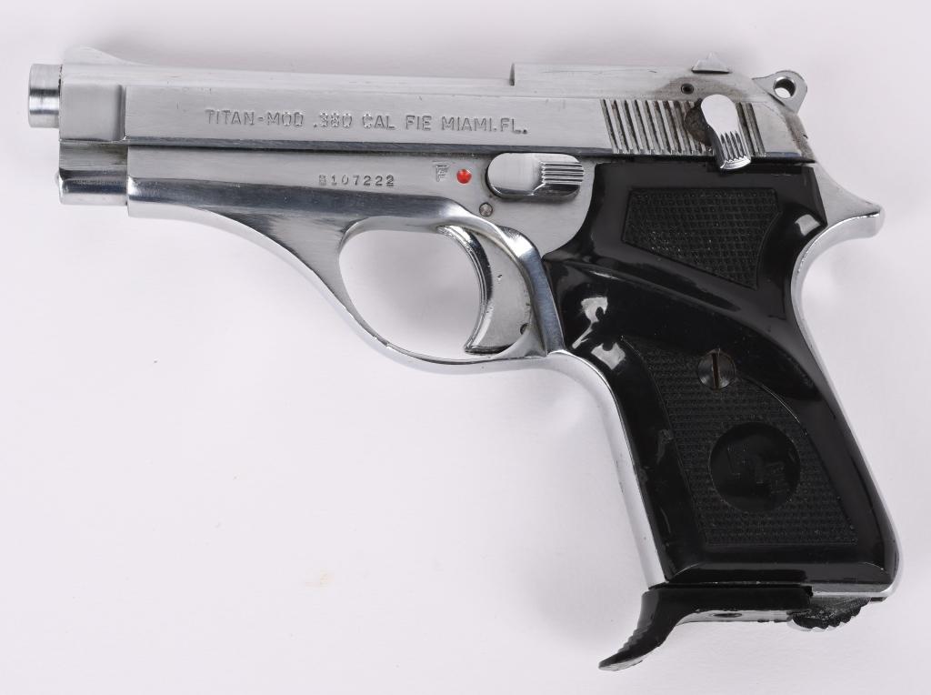 TITAN MODEL 380 SEMI AUTO PISTOL: SERIAL B107222. BARREL 3 3/4". CALIBER 380. MADE IN ITALY, IMPORTED BY FIE. Chrome plated, black plastic grips, one magazine. Condition. Most finish intact with scattered handling marks. M