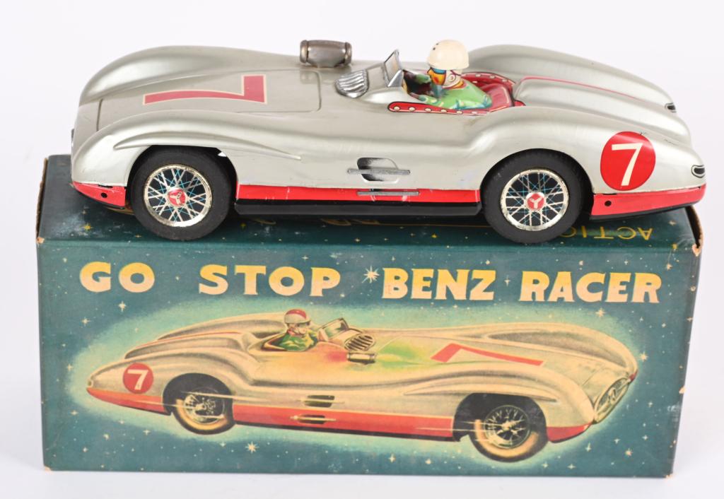MARUSAN BATTERY OP GO-STOP BENZ RACER w/ BOX: All original with great details. Has full body driver. Clean battery box. Did not work when tested. Boxed 10" Excellent