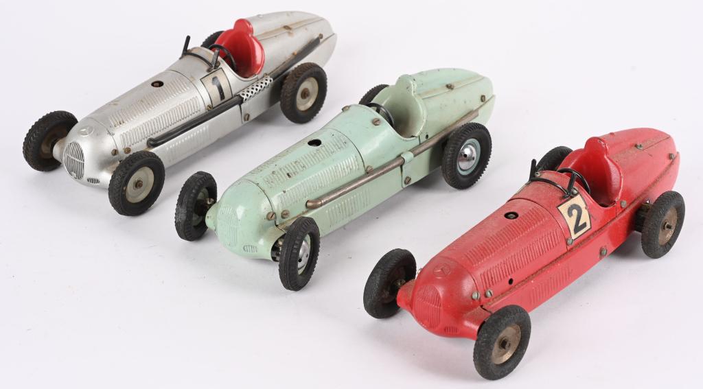 3- MARKLIN CLOCKWORK MERCEDES BENZ RACE CARS: Includes 3 Vintage Marklin clockwork Mercedes Benz Race Cars. All original. Some minor pieces may be missing. 11" Very Good-Excellent