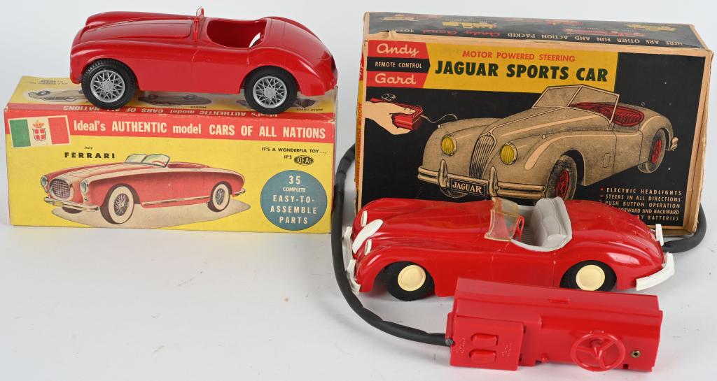 JAGUAR & FERRARI TOYS WITH BOXES: Includes Andy Gard Remote Steering Jaguar Sports Car and Ideal Ferrari Model Kit. Both Boxed 9 1/2" Excellent