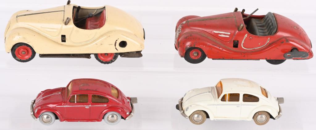 4- SCHUCO WINDUP CARS: All original. 2 missing windshields. Very Good-Excellent