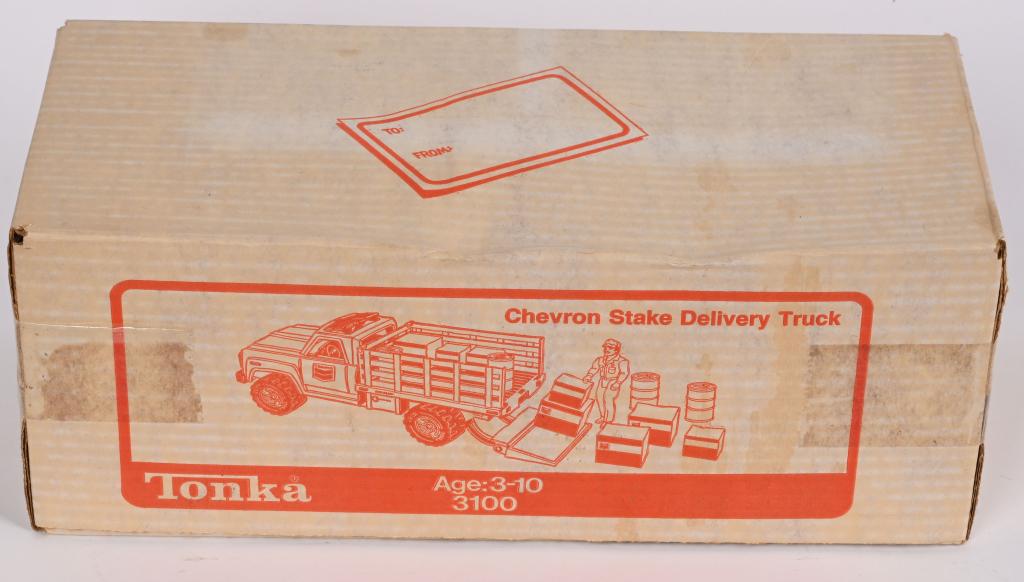 TONKA CHEVRON STAKE DELIVERY TRUCK SEALED IN BOX: New Old Stock Tonka #3100 Chevron Stake Bed Truck. Sealed in Box 15" Excellent